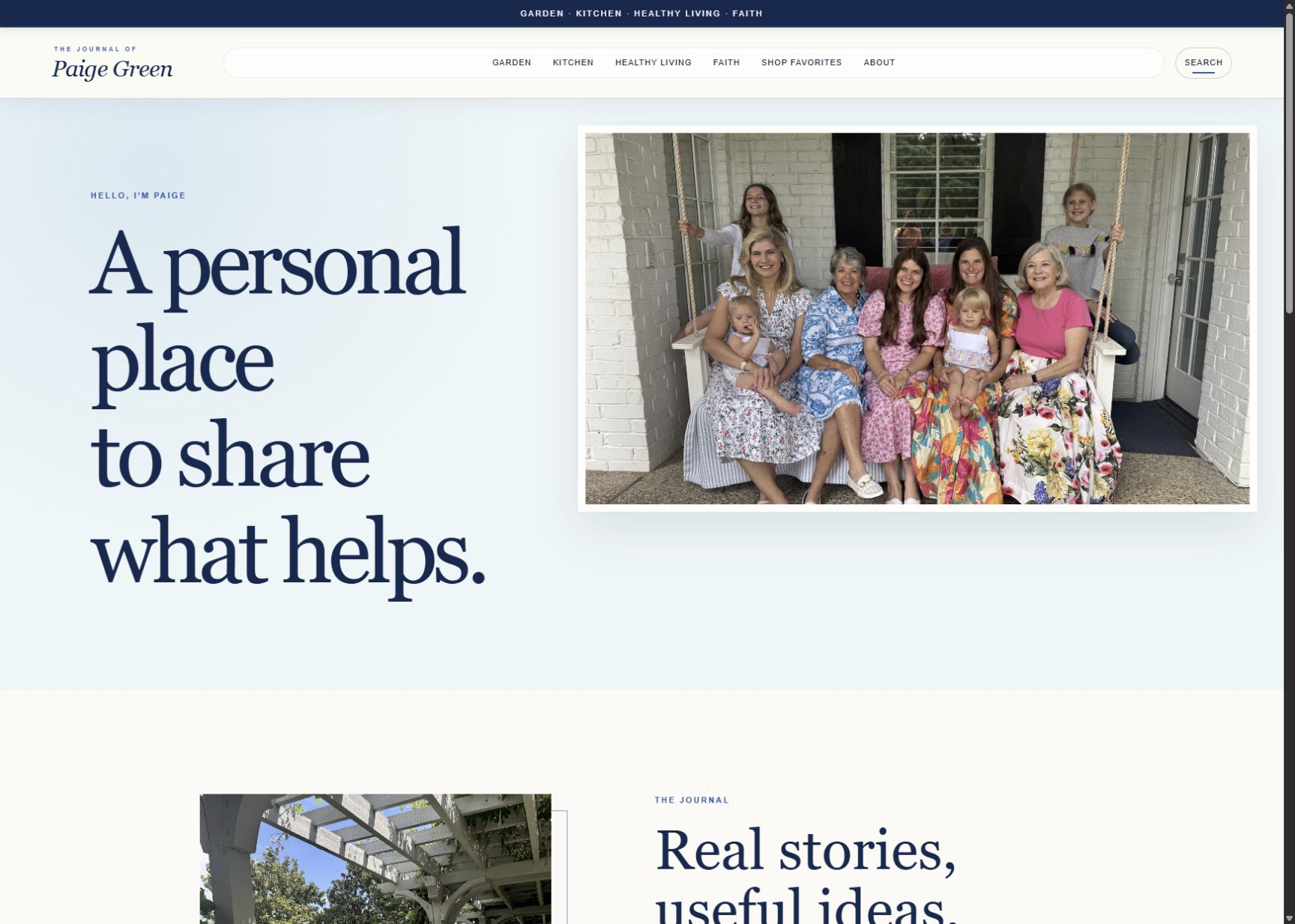The Paige Green About page, with the line A personal place to share what helps beside a multigenerational porch photograph.